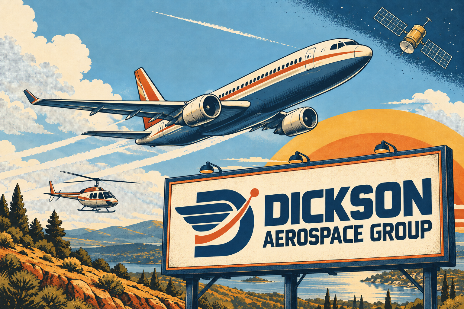 1970s-inspired aerospace illustration with a prominent Dickson Aerospace Group billboard and Flying D logo in the foreground, with an airplane, helicopter, satellite, and sunset visible behind it.
